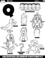 Letter Q set with cartoon objects and characters coloring page vector