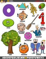 Letter O set with cartoon objects and characters vector