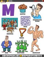 Letter M set with cartoon objects and characters vector