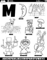 Letter M set with cartoon objects and characters coloring page vector