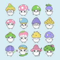 Large set of small kawaii mushrooms of different characters. Cute cartoon stickers. Vector isolated illustration