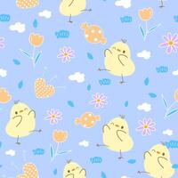 Seamless pattern of birds and flowers on a blue background vector