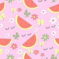 Seamless pattern with watermelon and flowers. Vector illustration.