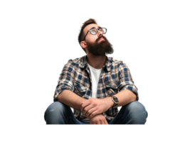 AI generated An isolated bearded man in casual wear sits with hands on his thighs and looks up png