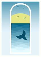 Sea view on the sunrise and whale poster. Morning and seagull childish illustration. Cute fish tale. vector