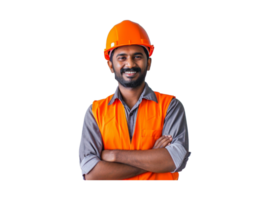 ai généré construction ouvrier, ingénieur et studio portrait de content homme dans gilet et casque pour sécurité png