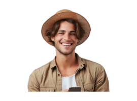 AI generated Unshaven guy smiling while using mobile cellphone png
