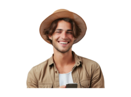 ai gerado com a barba por fazer cara sorridente enquanto usando Móvel celular png