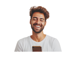 AI generated Happy unshaven guy smiling while using mobile phone png