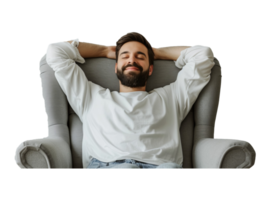 AI generated Handsome bearded man stretching in grey armchair png