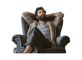 AI generated Handsome bearded man stretching in grey armchair png