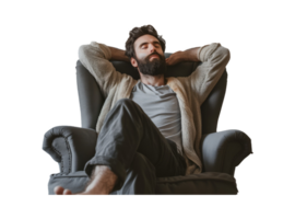 ai généré Beau barbu homme élongation dans gris fauteuil png