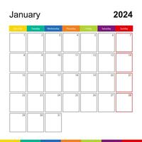 January 2024 colorful wall calendar, week starts on Monday. vector