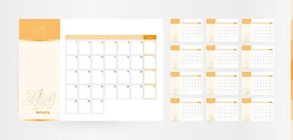 Horizontal planner for the year 2024 in the orange color scheme. The week begins on Monday. A wall calendar in a minimalist style. vector