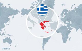 World map centered on America with magnified Greece. vector