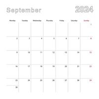 Simple wall calendar for September 2024 with dotted lines. The calendar is in English, week start from Monday. vector