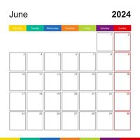 June 2024 colorful wall calendar, week starts on Monday. vector