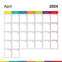 April 2024 colorful wall calendar, week starts on Monday. vector