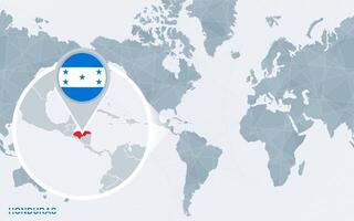 World map centered on America with magnified Honduras. vector