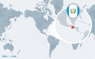 World map centered on America with magnified Guatemala. vector