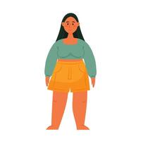 Cute curvy girl in shorts and a blouse in a flat style on a white background. Body positive, plus size model vector