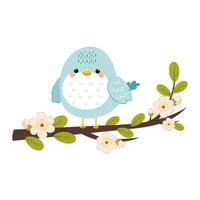 Cute bird in flat style on a flowering branch. Spring. vector