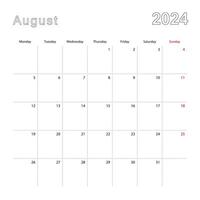 Simple wall calendar for August 2024 with dotted lines. The calendar is in English, week start from Monday. vector