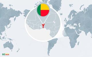 World map centered on America with magnified Benin. vector