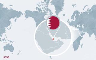 World map centered on Qatar with magnified Chile. vector