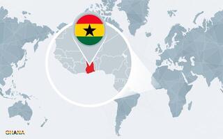 World map centered on America with magnified Ghana. vector