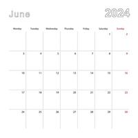Simple wall calendar for June 2024 with dotted lines. The calendar is in English, week start from Monday. vector