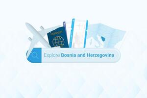 Searching tickets to Bosnia and Herzegovina or travel destination in Bosnia and Herzegovina. Searching bar with airplane, passport, boarding pass, tickets and map. vector