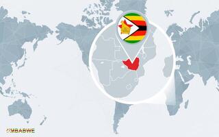 World map centered on America with magnified Zimbabwe. vector