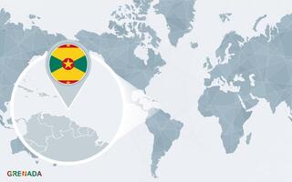 World map centered on America with magnified Grenada. vector