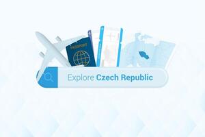 Searching tickets to Czech Republic or travel destination in Czech Republic. Searching bar with airplane, passport, boarding pass, tickets and map. vector