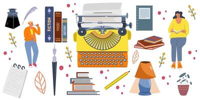 A set of illustrations of writing. Creation of books, articles and posts. Typewriter, books, ink and inkwell vector