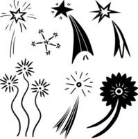 A set of simple fireworks. The line style. A collection of festive fireworks icons. Black vector illustration, on a white background.