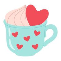 Pink coffee mug. Ceramic mug with red hearts. Happy Valentine. Trendy flat vector illustration. Isolated on white background.