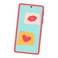 Valentine romantic phone with love message. Smartphone with heart emoji SMS. Valentines day hand drawn element in cute cartoon doodle style. Happy Valentine Trendy flat vector illustration