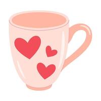 Pink coffee mug. Ceramic mug with red hearts. Happy Valentine. Trendy flat vector illustration. Isolated on white background.