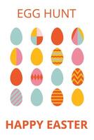 Trendy poster for Happy Easter with text. Design with simple geometric shapes of colorful eggs. Bauhaus style. Layout for card, poster, advertising, banner vector