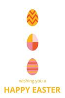 Trendy celebration poster for Happy Easter with typography. Design with three geometric shapes of colorful eggs. Bauhaus style. Template for card, poster, advertising, banner vector