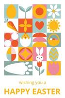 Geometric celebration card for Happy Easter with text. Trendy design with simple shapes. Icons with eggs, bunny, flowers, chicken. Bauhaus style. Layout for card, poster, advertising, banner vector