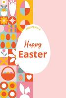 Template greeting card or poster, banner, cover for Happy Easter with text. Modern design with geometric shapes. Icons with eggs, bunny, flowers, chicken. Bauhaus style. vector