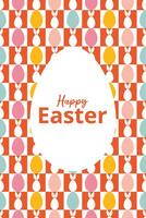 Bright greeting card for Happy Easter with text. Modern design with geometric colorful background. Icons with eggs, bunny. Bauhaus style. Template for card, poster, flyer, banner, cover vector