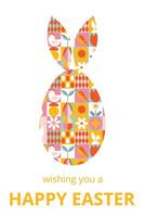 Trendy celebration poster for Happy Easter with typography. Design with simple geometric shape of egg with bunny ears and colorful icons background. Bauhaus style. Template for card, poster, banner vector