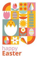 Geometric festive postcard for Happy Easter with typography. Trendy design with simple shapes. Icons with eggs, bunny, flowers, nestling. Bauhaus style. Template for card, poster, promotion, banner vector