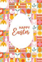 Modern greeting card for Happy Easter with text. Design with bright geometric background. Squares with eggs, bunny, flowers. Bauhaus style. Template for card, poster, flyer, banner, cover vector