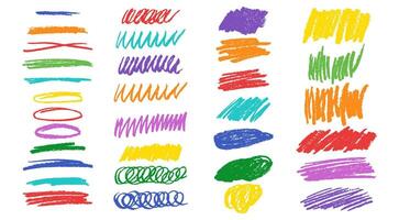 Set colorful crayon stroke lines and scribbles. Grunge chalk sketch collection. Hand drawn vector pencil lines and doodles. Bright abstract charcoal drawing. Rough crayon strokes.