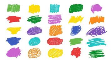 Set colorful wax crayon spots isolated on white background. Grunge chalk sketch collection. Hand drawn vector pencil stroke lines and doodles. Bright abstract charcoal children drawing. Rough edges.